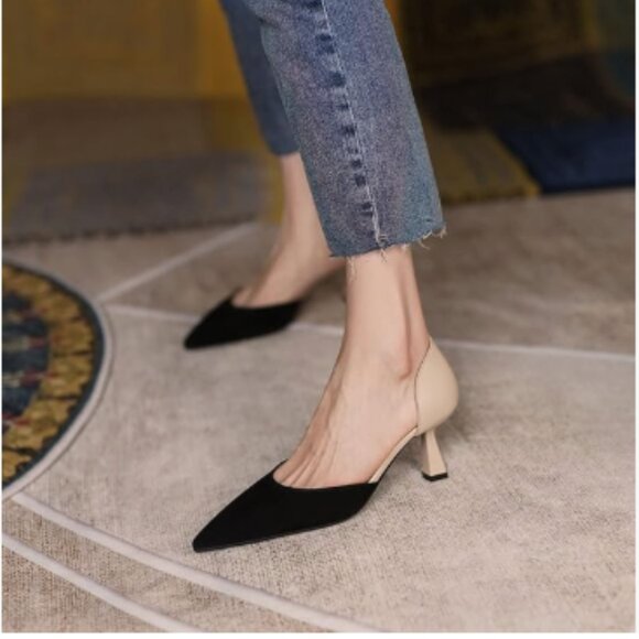 FOWT Black/Apricot Two Tone D'Orsay Kitten Heel Pumps Dressy Slip on Dance Shoes - Picture 1 of 8